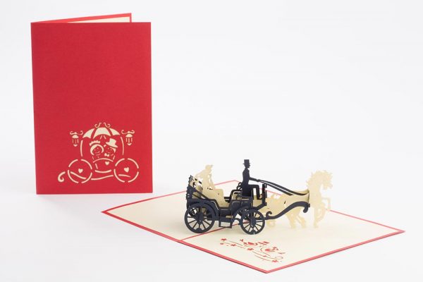 3D pop up wedding Card: Horse drawn carriage with bride and groom (cover and inside)