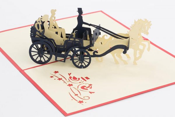3D pop up Wedding Card: Horse drawn carriage with bride and groom (inside)