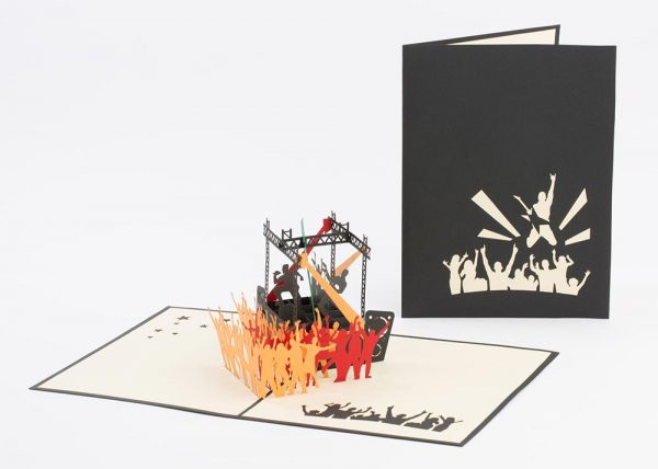 3D pop up greeting card: A complete concert model popped up with full band, stage and rows of fans cheering.