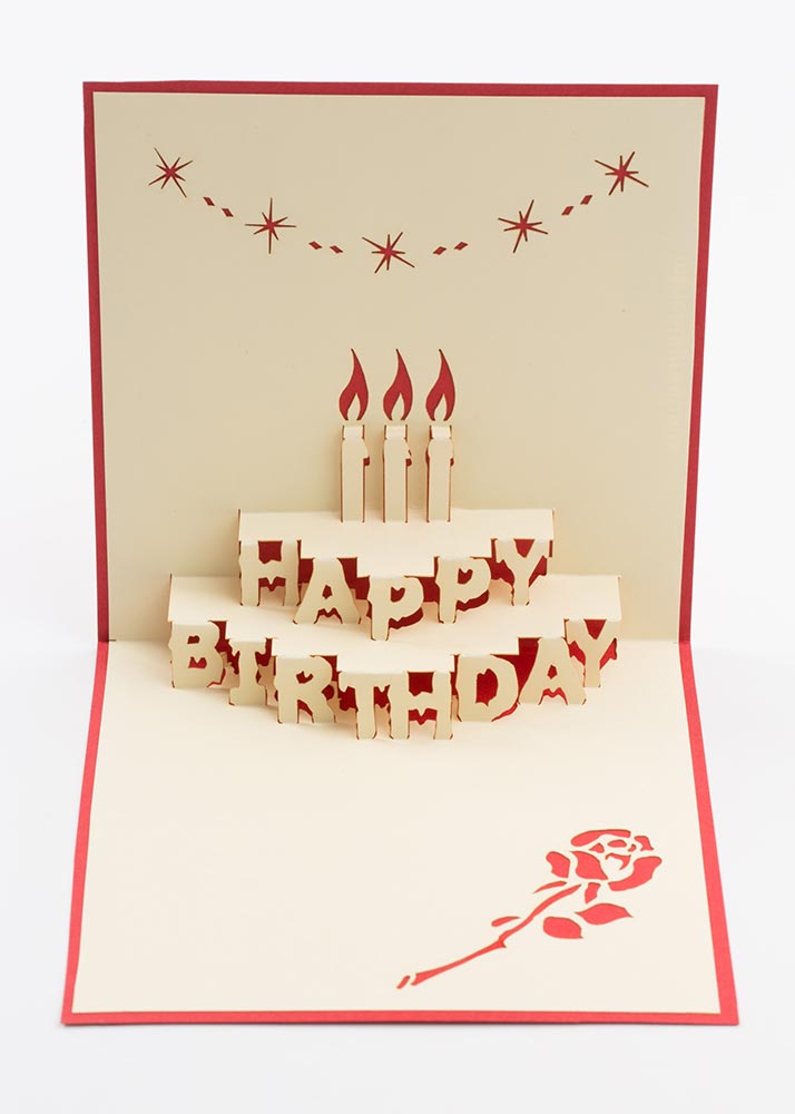 Pop up birthday card: A two tier cake with happy birthday and three candles