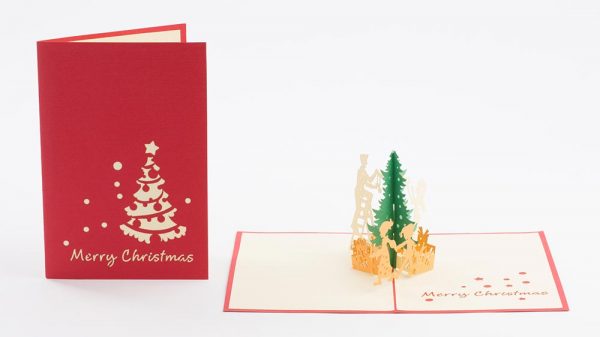 3D pop up greeting cards,Card cover showing a Christmas tree, red. cover and open