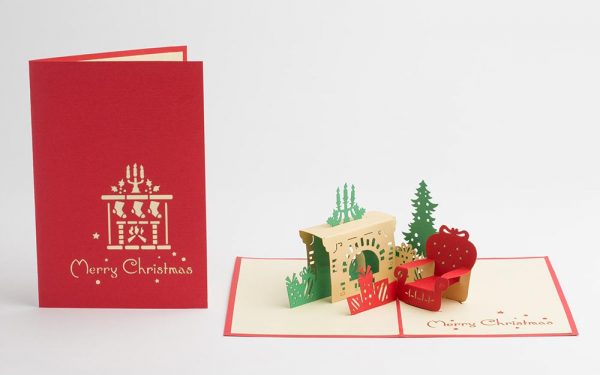 3D pop up greeting cards,Card open with a 3D scene with a fireplace chair and Christmas tree. cover and open