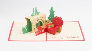 3D pop up greeting cards,Card open with a 3D scene with a fireplace chair and Christmas tree