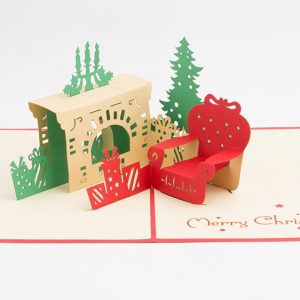 3D pop up greeting cards,Card open with a 3D scene with a fireplace chair and Christmas tree
