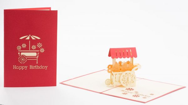 3D pop up card, Card open with a 3D model of a cart full of flowers. (cover and open)