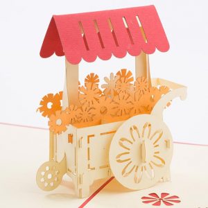 3D pop up card, Card open with a 3D model of a cart full of flowers.