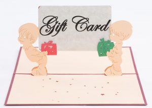 3D pop up greeting cards. Card open , two children standing holding gift card of your choosing.