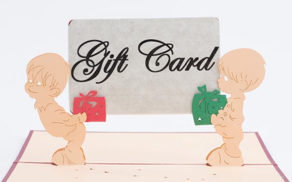 3D pop up greeting cards. Card open , two children standing holding gift card of your choosing.
