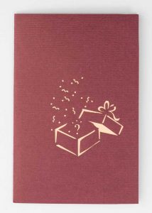 3D pop up greeting cards . Cover of card, gift box image, burgundy.