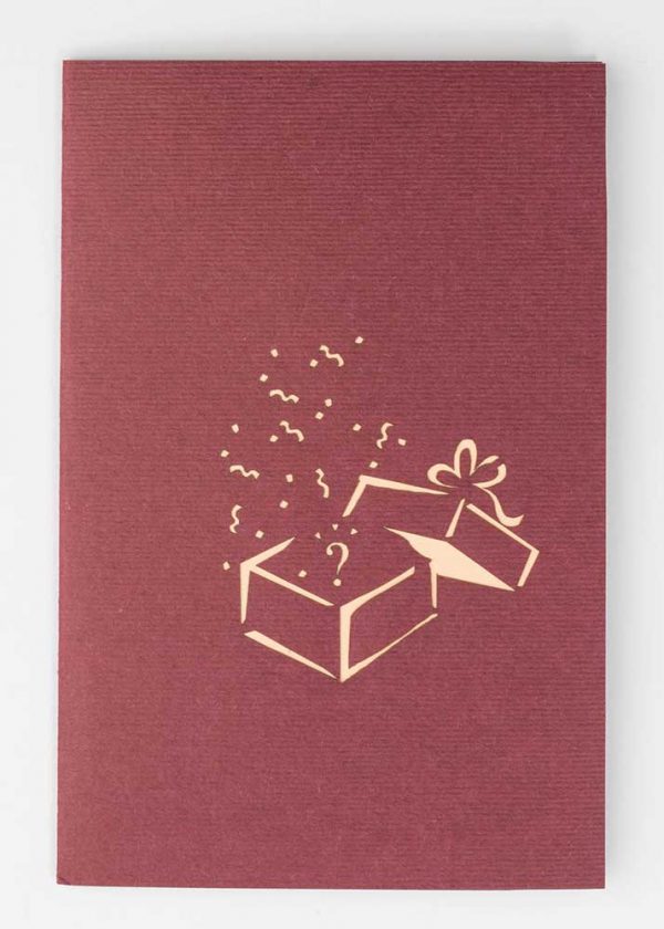 3D pop up greeting cards . Cover of card, gift box image, burgundy.