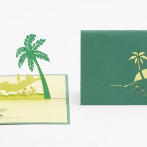 3D pop up greeting cards, Card open person in hammock between palms trees . cover and open.