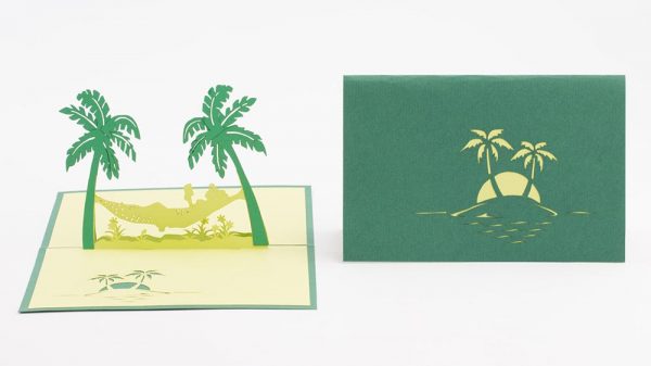 3D pop up greeting cards, Card open person in hammock between palms trees . cover and open.