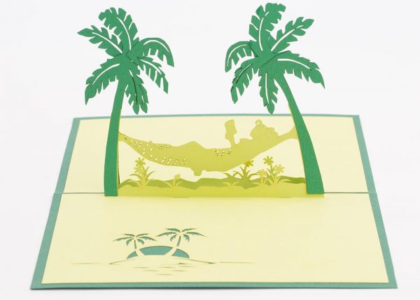 3D pop up greeting cards, Card open person in hammock between palms trees
