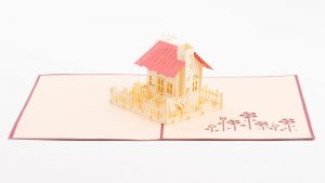 3D pop up greeting cards, card open showing a model of a house complete with scene.