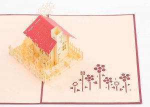 3D pop up greeting cards, card open showing a model of a house complete with scene.