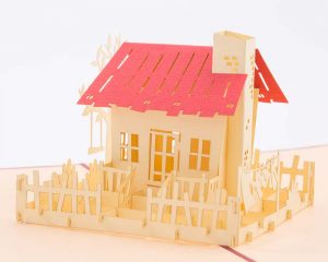 3D pop up greeting cards, card open showing a model of a house complete with scene.