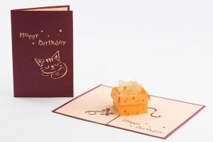 Kittens birthday pop up greeting card: Three playful kittens in a box.