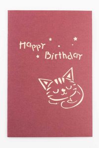 Cover of card, Happy birthday with a cat laying down,burgundy