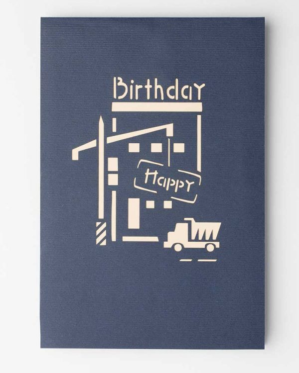 3D pop up greeting card, cover of card with image of a crane, dump truck and building.