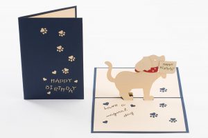 3D pop up greeting card. Puppy pops up holding a happy birthday sign in mouth. (cover and open card)