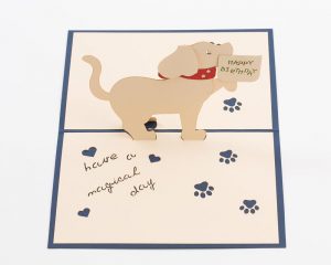 3D pop up greeting card. Puppy pops up holding a happy birthday sign in mouth.