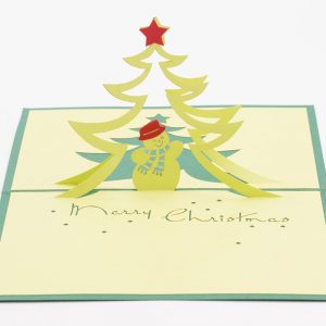 3D pop up greeting cards,Card open showing a pop up scene of a jolly snowman under a tree.