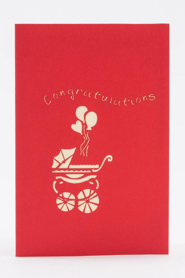 Cover of card, red with congratulations and a baby stroller with balloons