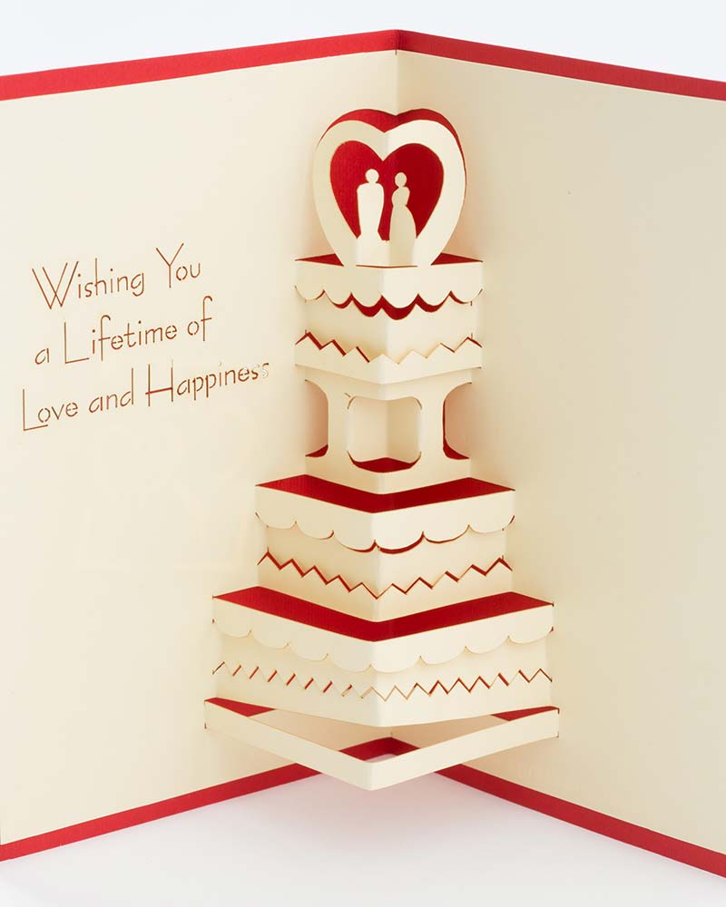 Wedding Cake pop up card. Red and white, ( Card open)