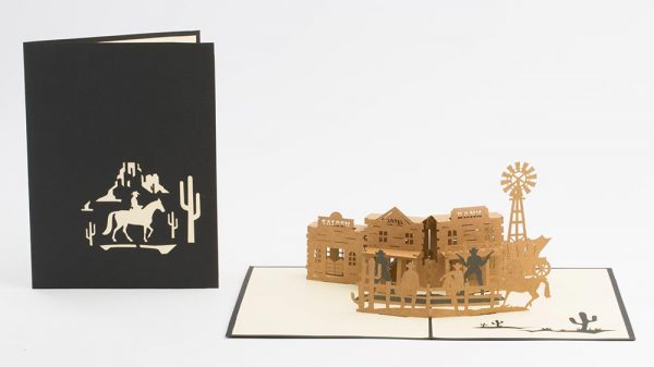 Wild West 3D pop up greeting card,: Old west town with a saloon,bank,hotel, a gunfight and horses. (cover and inside)