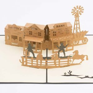 Wild West 3D pop up greeting card: Old west town with a saloon,bank,hotel, a gunfight and horses.(Card open)