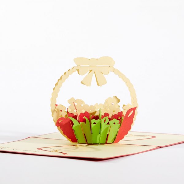 Anniversary pop up greeting card: A basket of multi-colored flowers with Happy Anniversary laser cut into card.