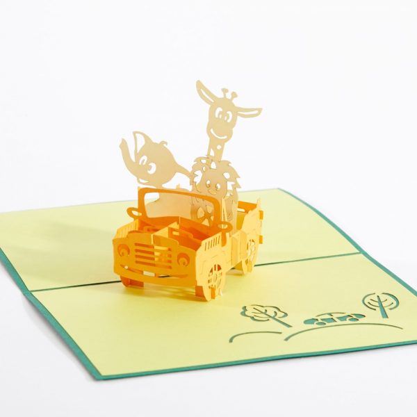 Kids 3D pop up greeting cards: A lion,giraffe and elephant riding in a yellow jeep popped up.