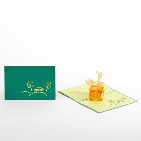 Kids 3D pop up greeting cards: A lion,giraffe and elephant riding in a yellow jeep popped up.