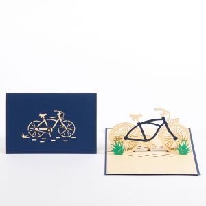 Pop up greeting card: A vintage blue bicycle on its kick stand.(Cover and card open)