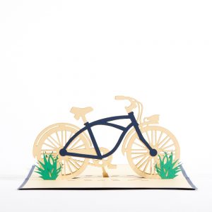 Bicycle pop up greeting card: A vintage blue bicycle on its kick stand