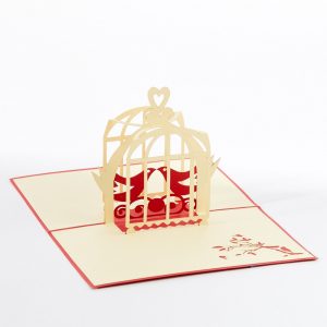 Love pop up greeting card: Two birds in a cage kissing.
