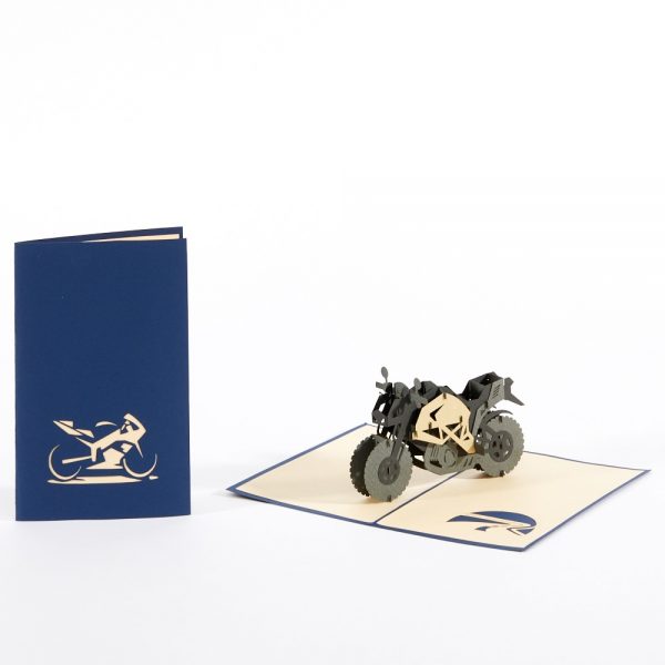 Motorcycle pop up greeting card: Black 3D motorcycle standing up.(cover and card open)
