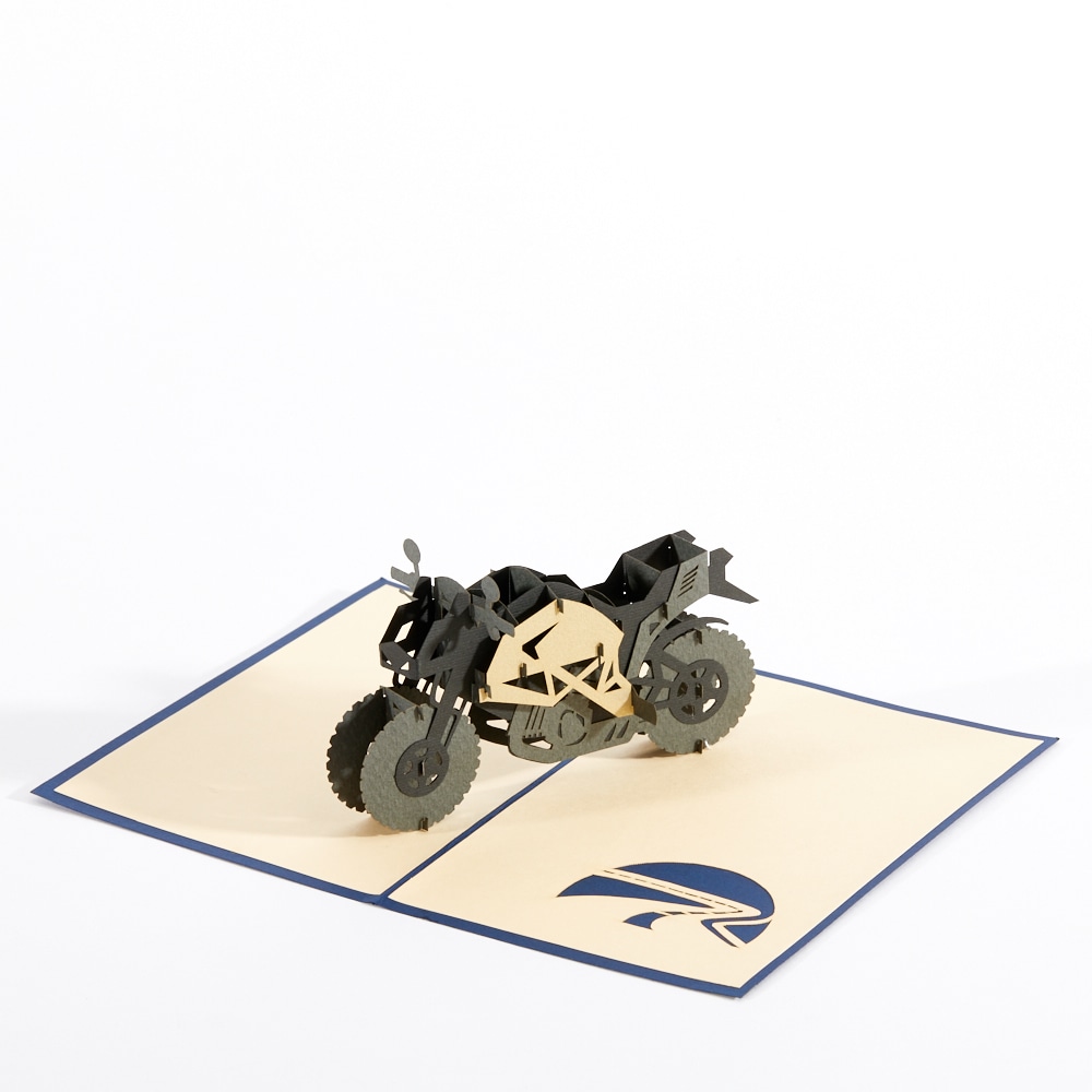 Motorcycle pop up greeting card: Black motorcycle standing up.