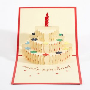 Birthday pop up greeting card: A 3 tier cake with flowers and a candle.