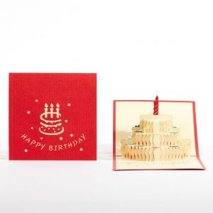 Birthday pop up greeting card: A 3 tier cake with flowers and a candle.