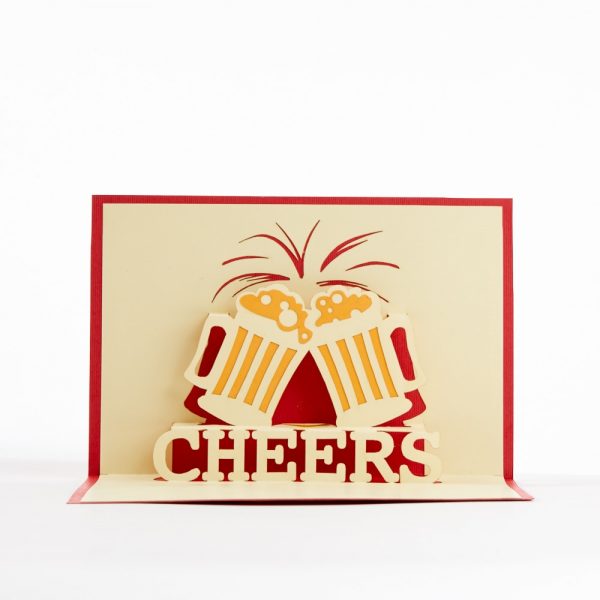 Beer paper pop greeting card: Two glasses of beer taping together with Cheers.