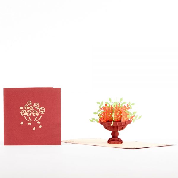 Romantic pop up greeting cards: A beautiful bouquet of flowers popped up. Burgundy.