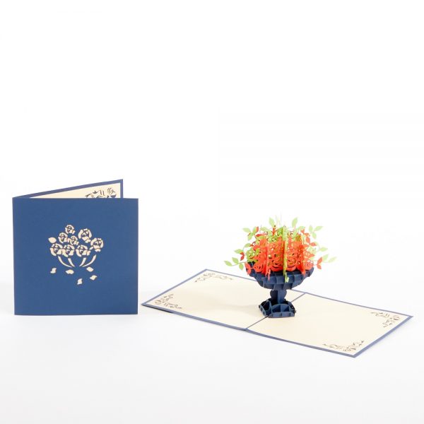 Romantic pop up greeting cards: A beautiful bouquet of flowers popped up. Blue.