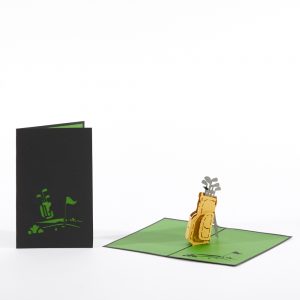 Golf pop up greeting card: A golf bag up full of clubs.