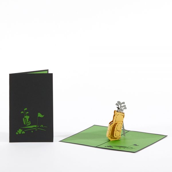 Golf pop up greeting card: A golf bag up full of clubs.