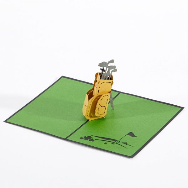 Golf pop up greeting card: A golf bag up full of clubs.