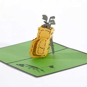 Golf pop up greeting card: A golf bag up full of clubs.