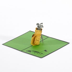 Golf pop up greeting card: A golf bag up full of clubs.