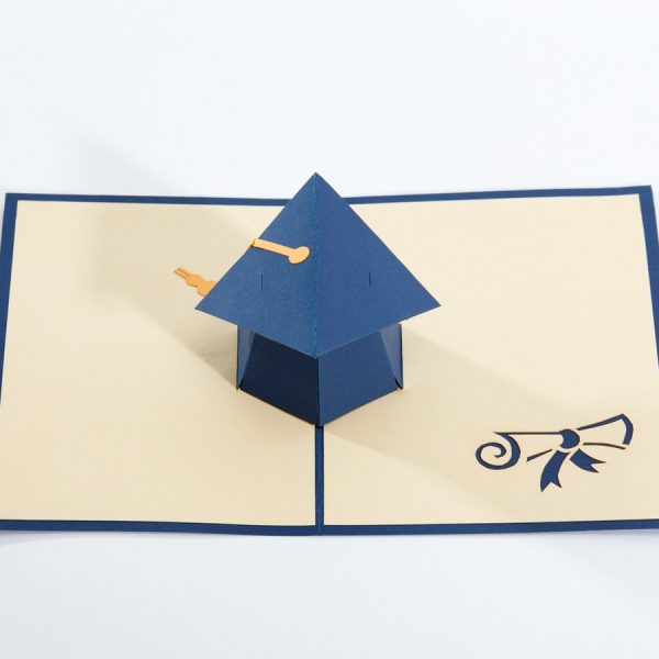 Graduation pop up greeting card: A blue graduate cap with yellow tassel. popped up.