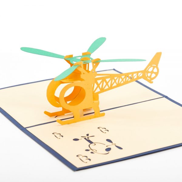 Helicopter 3D pop up greeting card: A yellow and green helicopter pops up.